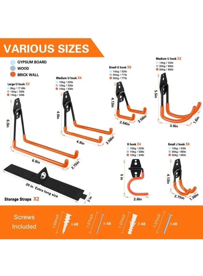WALALLA 26-Pack Heavy Duty Garage Hooks with Anti-Slip Coating, Steel Wall Mount Storage Organizer for Power Tools, Ladders, Bikes, Hoses & Garden Equipment - Image 3
